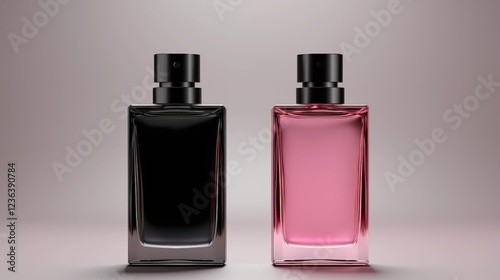 Set of two sleek rectangular perfume bottles in black and pink, displayed against a neutral background.