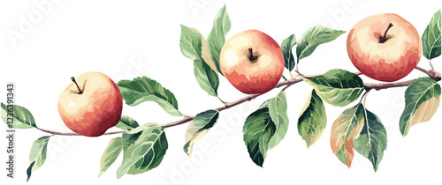 A botanical vintage illustration featuring an apple tree branch with ripe apples, green leaves, and soft pastel hues, capturing the essence of natural beauty for your decor.