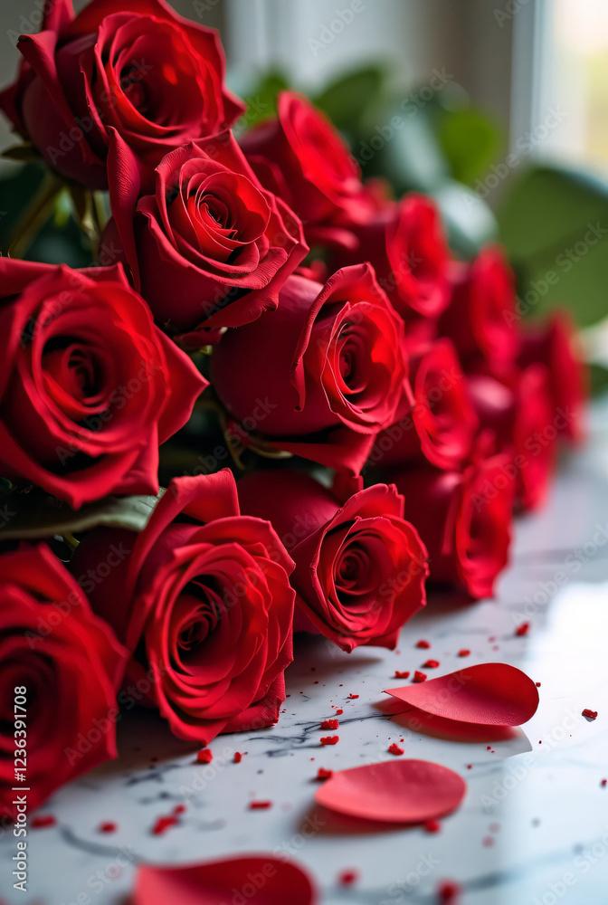 bouquet of red roses present on the marble table having best wishes bouquet of red roses present on the marble table having best wishes