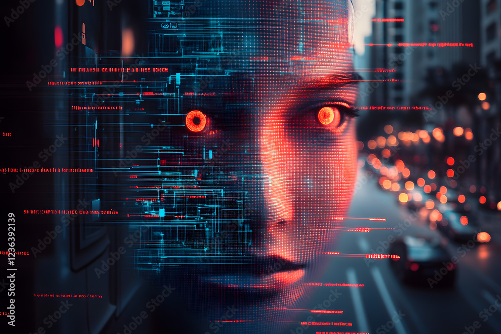 Obraz premium Cyber's eye with smart contact lens, AI cyber intelligence retinal, wallpaper