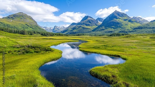 Serpentine river reflecting mountains, lush valley