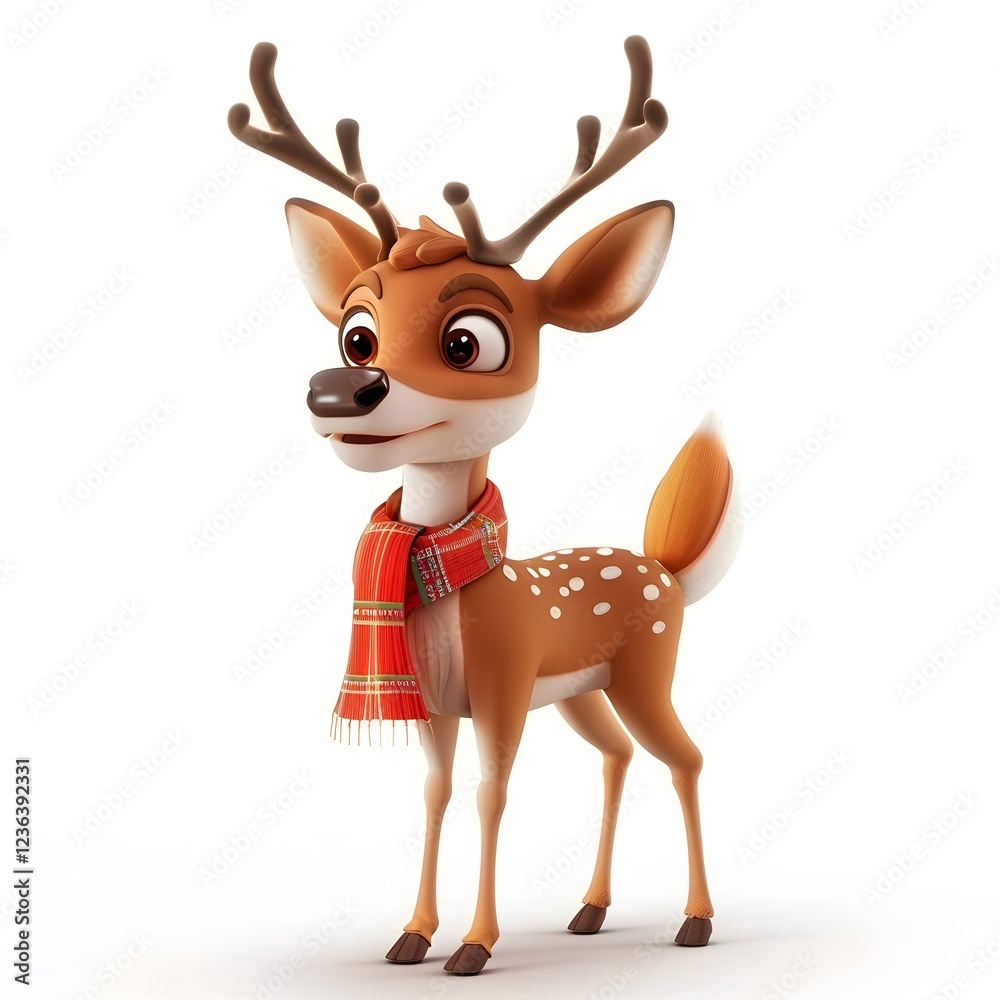 Obraz premium Cute Cartoon Deer with Antlers and Scarf in Playful Pose
