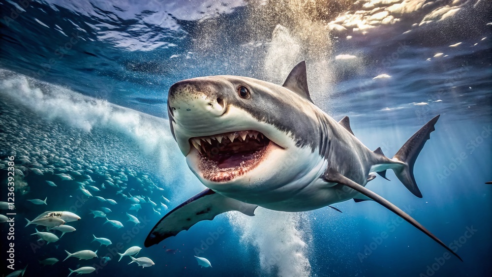 Naklejka premium Majestic Great White Shark Open Mouth Underwater