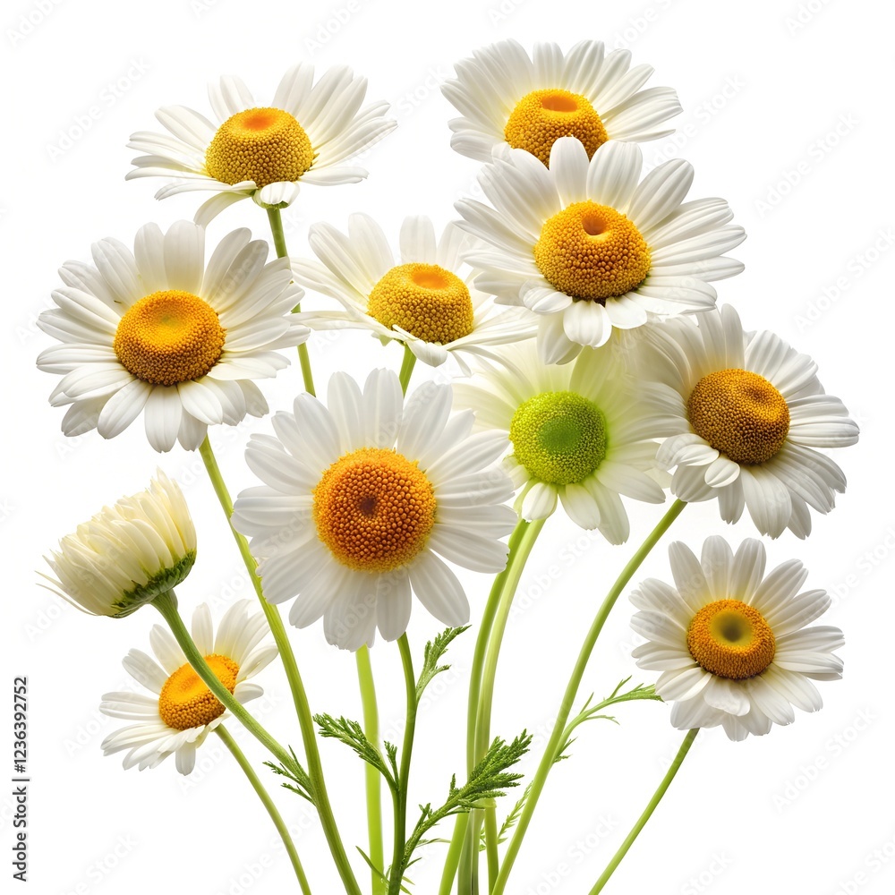 Fototapeta premium chamomile flowers (Matricaria chamomilla) isolated on a white background. the daisy-like flowers with white petals and yellow centres