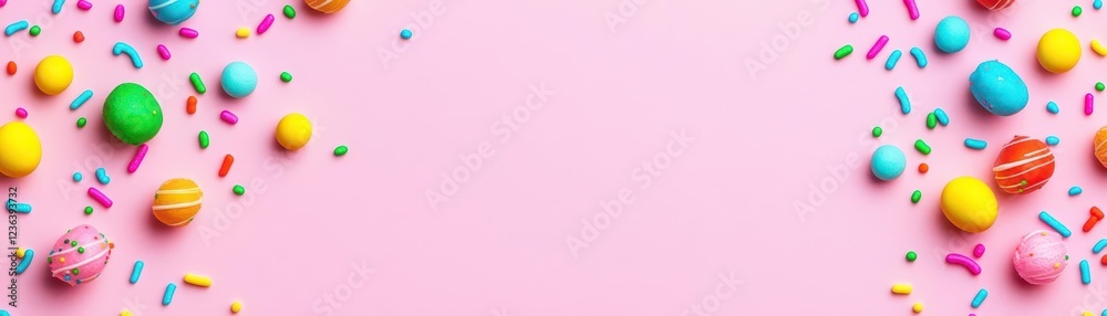 Vibrant and Colorful Easter Eggs Arranged Harmoniously on a Soft Pink Background Evoking Joyful Springtime Celebrations and Festive Cheerful Atmosphere Vibrant and Colorful Easter Eggs Arranged Harmoniously on a Soft Pink Background Evoking Joyful Springtime Celebrations and Festive Cheerful Atmosphere