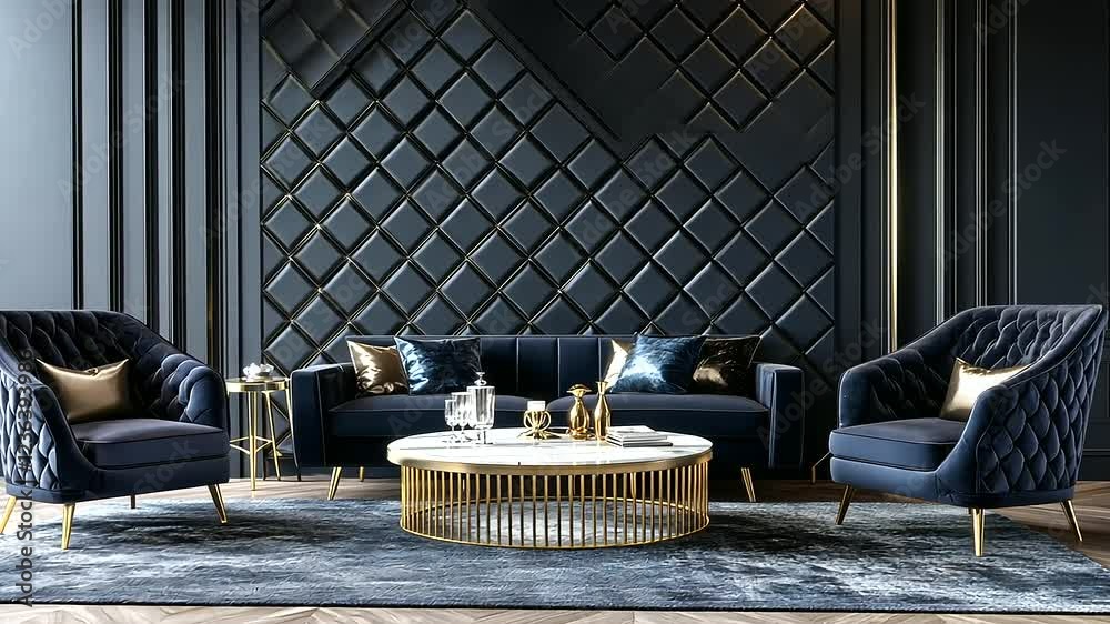 A luxurious living room showcases decorative wall panels with interlocking diamond D patterns, surrounded by velvet armchairs, a marble coffee table, and plush rugs for an elegant