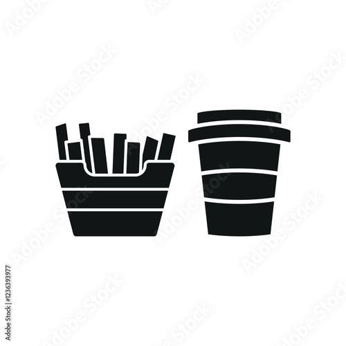 Drink and fried fries set food icon in flat style, featuring a refreshing beverage in a cup with a straw and a crispy serving of golden french fries.