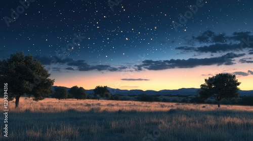 Starry Night Sky Over Serene Sunset Meadow. Peaceful landscape for travel, nature, and serenity themes