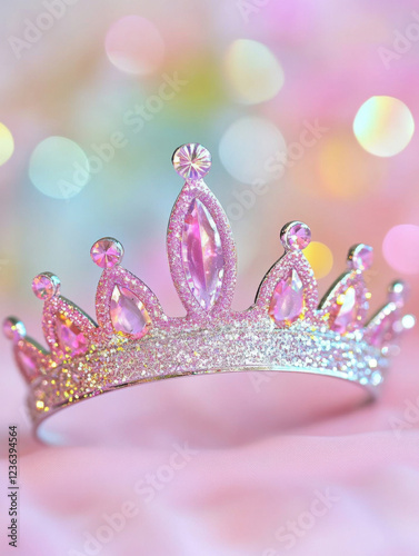 cute pink tiara with glitter details, sparkling against pastel background
