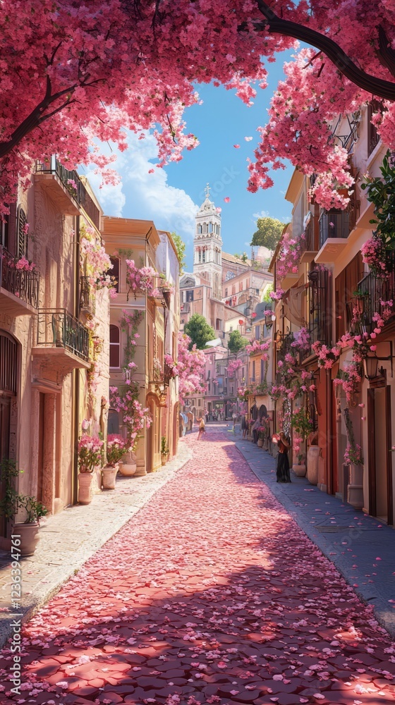 Fototapeta premium A Picturesque Street Scene In A Charming Town, Adorned With Vibrant Pink Blossoms, Creating A Breathtaking Ambiance.