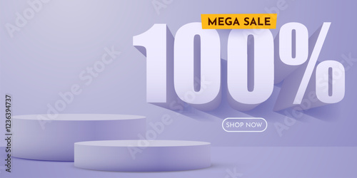100 percent Off. Discount creative composition. Product presentation, mock up, podium. Sale banner and poster. Vector illustration.