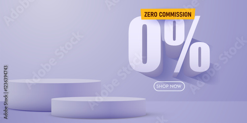 Zero commissions. Discount creative composition. Product presentation, mock up, podium. Sale banner and poster. Vector illustration.