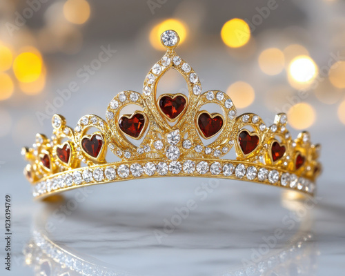 Golden tiara with heart shaped gemstones and sparkling diamonds