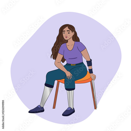 A beautiful woman with an amputated leg sitting on the stairs stairs