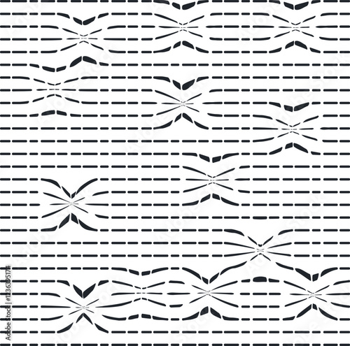 Horizontal short sections of different lengths create a texture with some distortions, similar to dents.