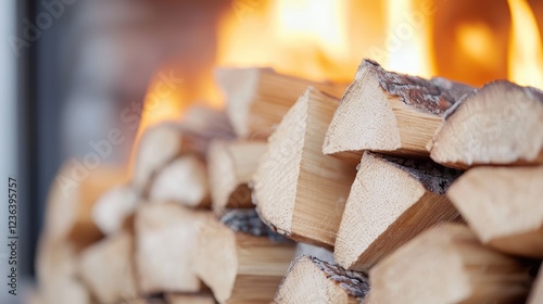 Firewood burning in fireplace, cozy winter scene