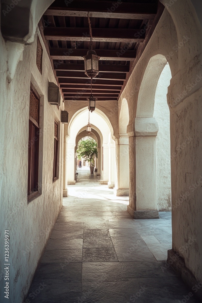 An empty stone paved pathway between two buildings, featuring arched doorways and a shaded alleyway. An empty stone paved pathway between two buildings, featuring arched doorways and a shaded alleyway.