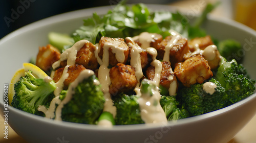 Broccoli and tempeh salad with lemon tahini dressing.
