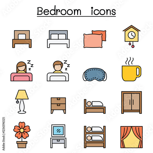 Bedroom icon set in thin line style