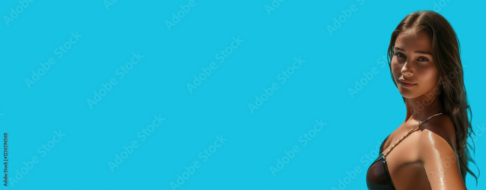 A confident young woman in a swimsuit poses against a vibrant blue background, exuding summer vibes and style. Ideal for fashion and lifestyle themes.