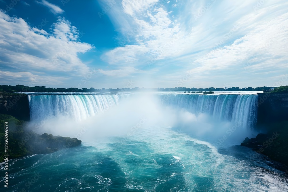 A breathtaking view of a large waterfall with mist rising, surrounded by lush greenery and a bright blue sky. Concept Waterfall Wonderland, Lush Greenery, Nature's Beauty, Misty Majesty A breathtaking view of a large waterfall with mist rising, surrounded by lush greenery and a bright blue sky. Concept Waterfall Wonderland, Lush Greenery, Nature's Beauty, Misty Majesty