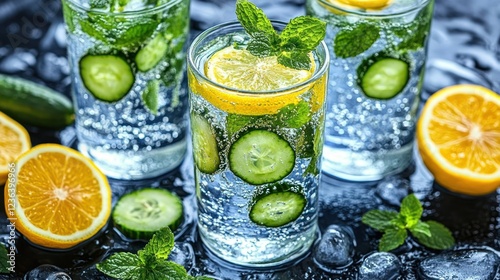 Refreshing Cucumber & Lemon Water with Mint on Ice photo