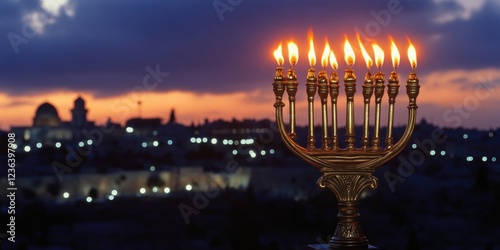 A lit menorah with a city in the background. The city is lit up at night, creating a warm and inviting atmosphere