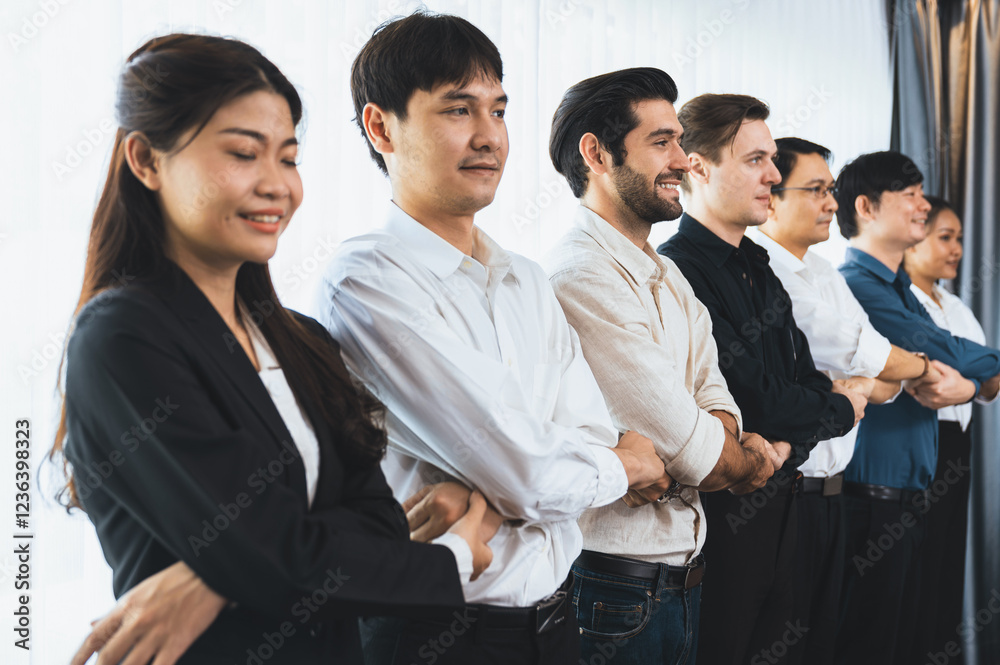 Business team standing, join and link hand together in line symbolize successful business partnership and professional synergy with diverse culture group people cooperation. Prudent Business team standing, join and link hand together in line symbolize successful business partnership and professional synergy with diverse culture group people cooperation. Prudent