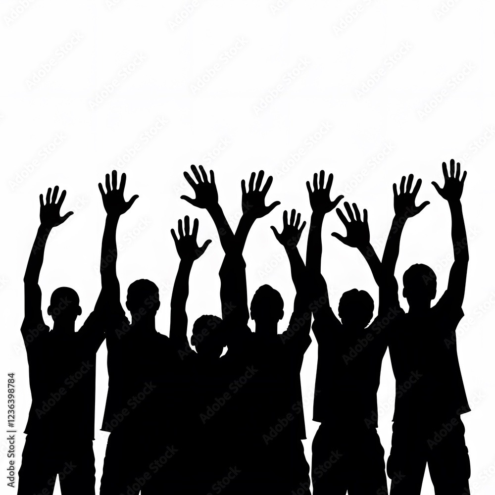 Group of people celebrating with raised hands in silhouette style Group of people celebrating with raised hands in silhouette style