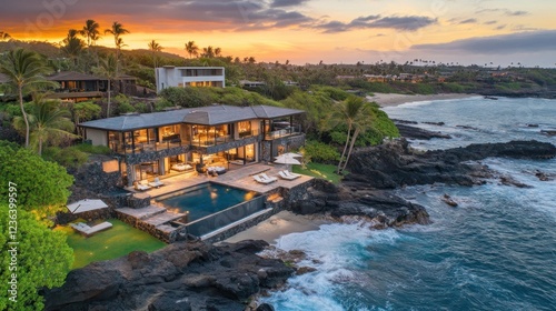 Oceanfront mansion sunset aerial view Hawaii real estate