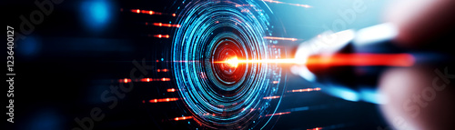 Aiming precision laser targeting system high-tech laboratory digital visualization futuristic environment close-up view innovative technology