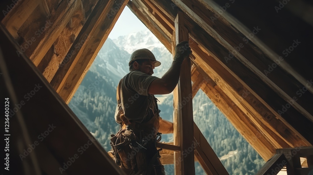Fototapeta premium Construction Worker Framing a Roof with Mountain Views in the Background