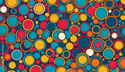 A vibrant, abstract pop art design featuring a pattern of colorful circles.