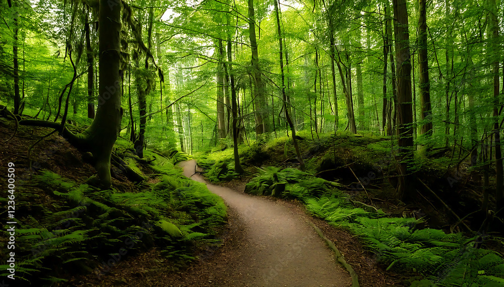 Obraz premium Serene forest path winding through lush greenery. Perfect for nature, travel, or wellness themes. Evokes tranquility and adventure. Ideal for websites, brochures, or social media.