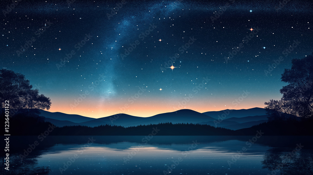 Fototapeta premium Flat Illustration Of A Night Sky With A Shooting Star, Using A Purple And Blue Color Palette Minimalist Flat Style, Vector, Plain Background, Trending Illustration Space
