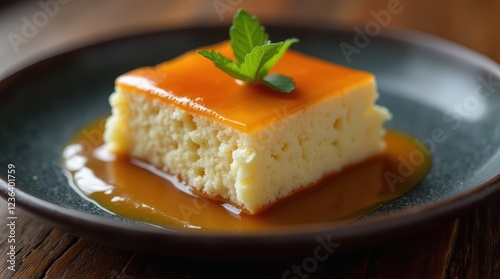 Delightful Albanian Trilece dessert with caramel sauce and mint garnish