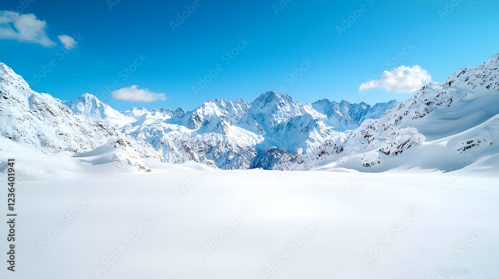 Obraz premium Snow-covered mountain peaks rise under a clear blue sky beyond a vast white snowy plateau on a bright winter day.