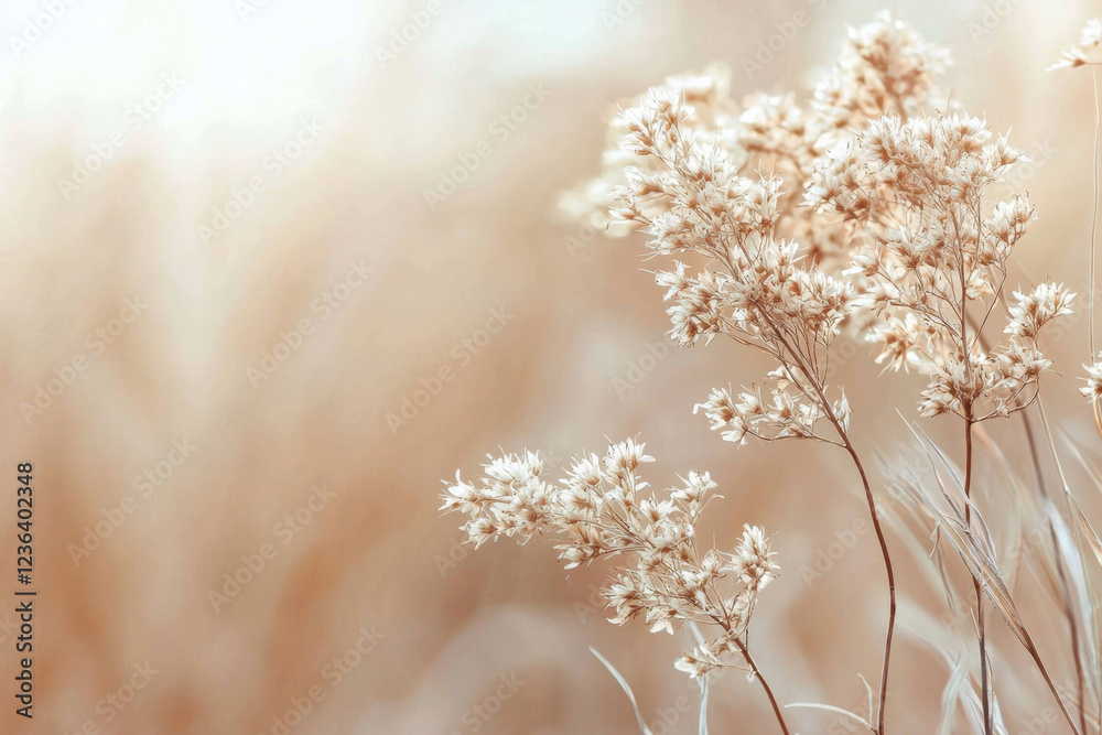 Naklejka premium Delicate dried flowers in warm golden light, evoking a serene and nostalgic mood.