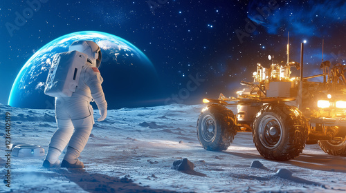 An astronaut in a space suit stands on the moon, gazing at Earth's bright presence in the background. A lunar rover is parked nearby, reflecting advanced technology photo