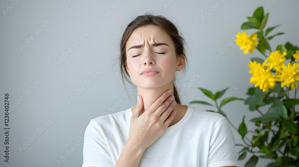 Woman touching throat, pain, indoor, flowers background, healthcare Woman touching throat, pain, indoor, flowers background, healthcare
