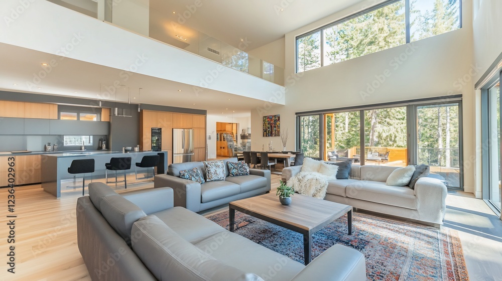 Bright Modern Living Room with Open Floor Plan and Forest Views and lots of natural light