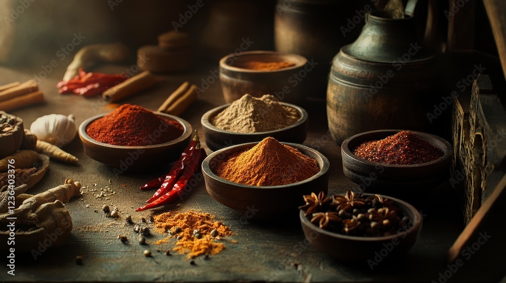 A colorful array of spices, including cayenne pepper powder in small bowls and other ingredients like cinnamon sticks, star anise pods, red chilies, and turmeric roots, are arranged on the table. 