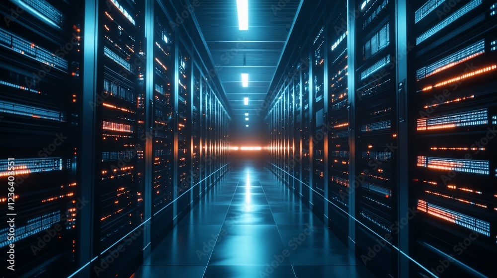 Obraz premium A long server room corridor filled with racks lit with orange and blue lights that create a futuristic feel