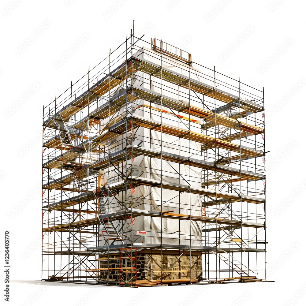 Construction Scaffolding Around a Building Wrapped in White Fabric Construction Scaffolding Around a Building Wrapped in White Fabric