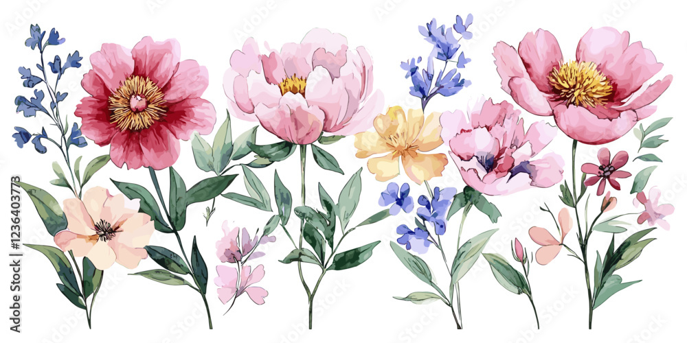 Obraz premium Watercolor floral collection featuring pink peonies, botanical elements, and detailed floral patterns, isolated on a clean white background for a fresh and vibrant aesthetic.