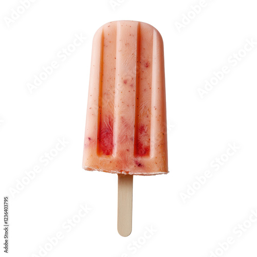 Creamy strawberry popsicle with wooden stick, perfect for summer treats. PNG, isolated on white/transparent background