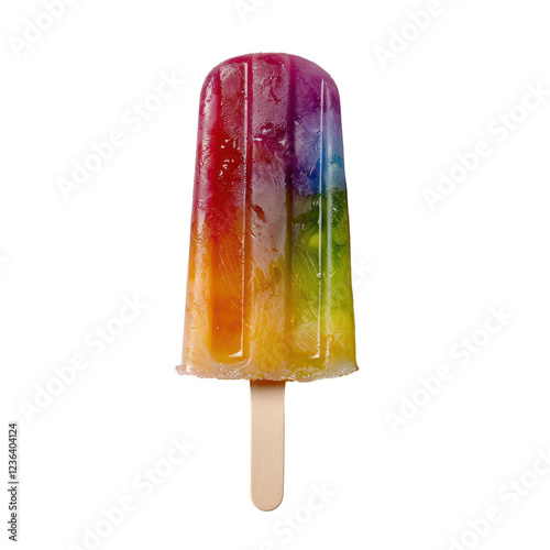 Colorful rainbow popsicle with wooden stick, refreshing summer treat. PNG, isolated on white/transparent background