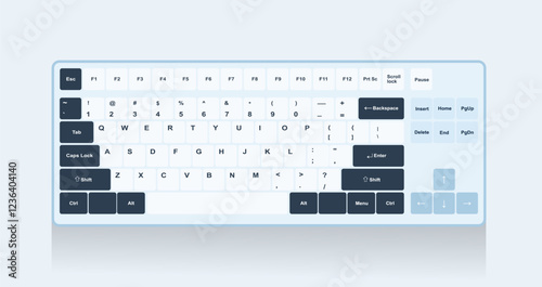 A full-size keyboard in a combination of white and dark blue, with a cold white snow theme gives it a clean and minimalist look photo