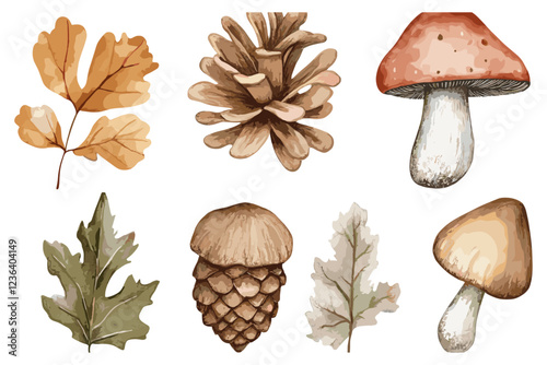 Hand-drawn woodland design, pine cone, leaves, acorn, mushroom for greeting cards, invitations, posters, wall stickers.