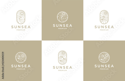 Sunset wave ocean line art style logo icon design template flat vector
